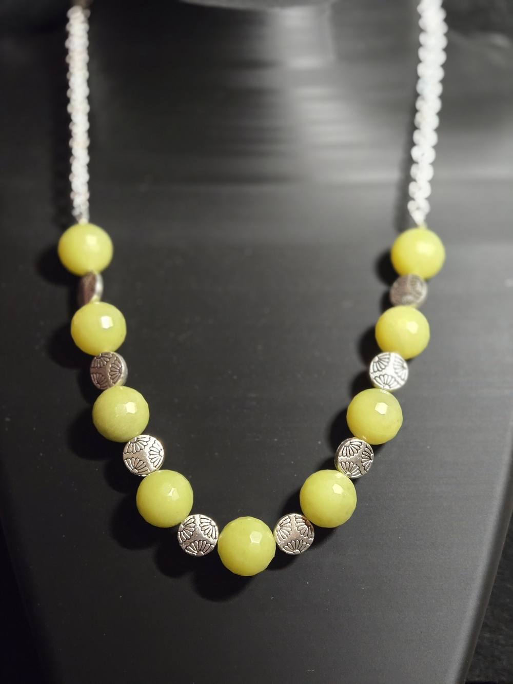 Faceted Lime Jade Necklace With Silver Tone Accent Beads